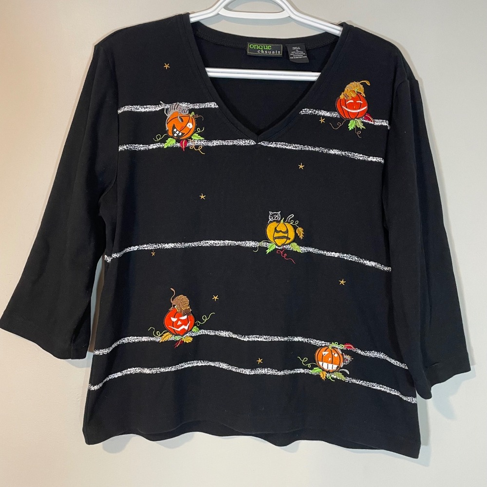 Onque Casuals Womens XL Halloween Pumpkin Cat Embroidered Striped Top Black